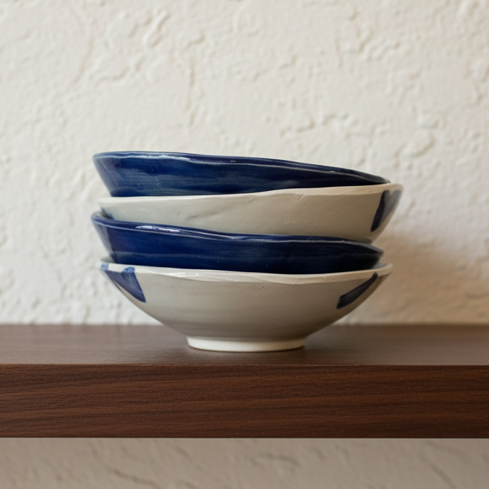 Blue Porcelain Bowls - Dark Walnut Shelf with Plaster Wall