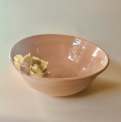 Pink celadon bowl with hand-sculpted floral accent