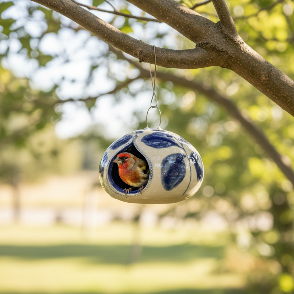 Birdhouse lifestyle photo with finch