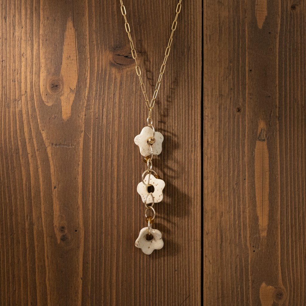 Vertical Flower Necklace on Dark Wood